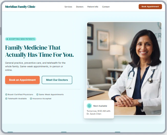 Meridian Family Clinic — Medical Practices website sample by WebsiteIn72