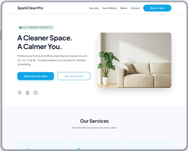 SparkClean Pro — Cleaning Services website sample by WebsiteIn72